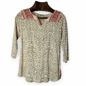 Lucky Brand Tan and Red Patterned Embroidered Aztec Southwestern Blouse